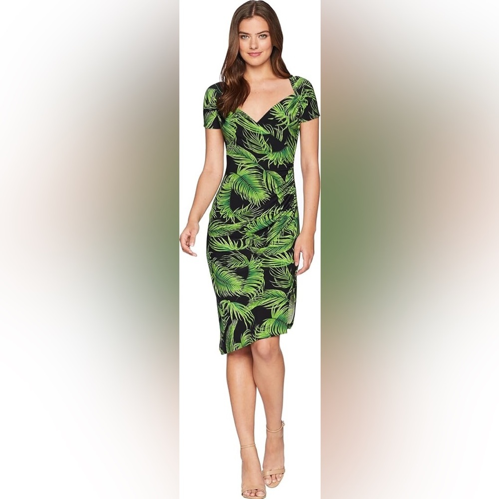 Norma Kamali Sweetheart Side Drape Palm Leaf Print Asymmetrical Hem Dress EUC M